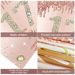 Happy 17th Birthday Banner Backdrop Decorations for Girls, Rose Gold 17 Birthday Party Sign Supplies, Pink Seventeen Birthday Poster Background Photo Booth Props Decor