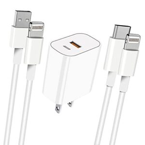 [apple mfi certified] iphone fast charger,20w dual port pd3.0 usb-c + usb-a power delivery wall charger block plug for iphone 13/13 pro max/12/11/xs/xr/x/8,ipad(2 pack 10ft lightning cables lnclude)