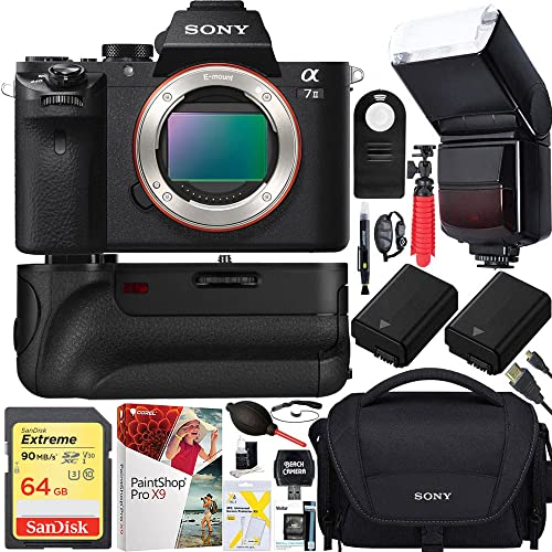 Sony Alpha a7II Mirrorless Interchangeable Lens Camera Body Bundle with 64GB Memory Card, Battery Grip, Flash, Camera Bag, Paintshop Pro, Dual Batteries and Accessories (9 Items)