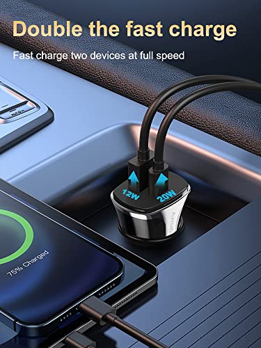 Amasrich 32W Total PD Super Fast Charging Car Charger for iPhone/iPad/Galaxy Note/Galaxy S/Galaxy A/Galaxy Z/GalaxyTab S,20W + 12W Dual Ports