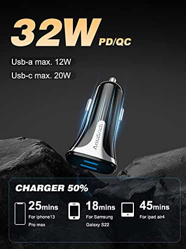 Amasrich 32W Total PD Super Fast Charging Car Charger for iPhone/iPad/Galaxy Note/Galaxy S/Galaxy A/Galaxy Z/GalaxyTab S,20W + 12W Dual Ports