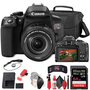 canon eos rebel t8i dslr camera with 18-55mm lens (3924c002), 64gb card, case, card reader, flex tripod, hand strap, cap keeper, memory wallet, cleaning kit