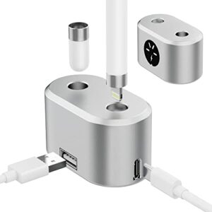 gfox charging station for apple pencil 1st generation, ipencil charging adapter compatible with ipad pencil, ipad pen charging holder with led light display screen usb port – silver