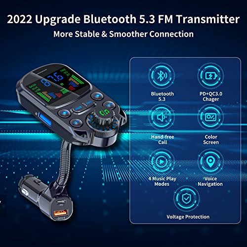 Bluetooth FM Transmitter for Car, Wireless Bluetooth Car Adapter 5.3 with Color Screen, Hands Free Calling [30W PD&QC3.0] [Treble &Bass Sound] Music Player, Support AUX Out U Disk/TF Card