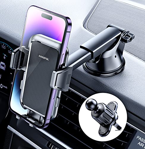 ADIUPUL Car Phone Holder Mount, Phone Mounts for Car 3 in 1 Universal Car Mount, Easy Clamp Hands Free Universal Fit for Dashboard Windshield Vent iPhone Samsung and More Phones