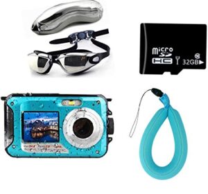 waterproof digital camera for snorkeling 24 mp video recorder full hd 1080p bundle with swimming goggles, 32gb sd card, floating wrist strap. dv recording point and digital shoot, dual screen.