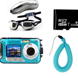 Waterproof Digital Camera for Snorkeling 24 MP Video Recorder Full HD 1080P Bundle with Swimming Goggles, 32GB SD Card, Floating Wrist Strap. DV Recording Point and Digital Shoot, Dual Screen.