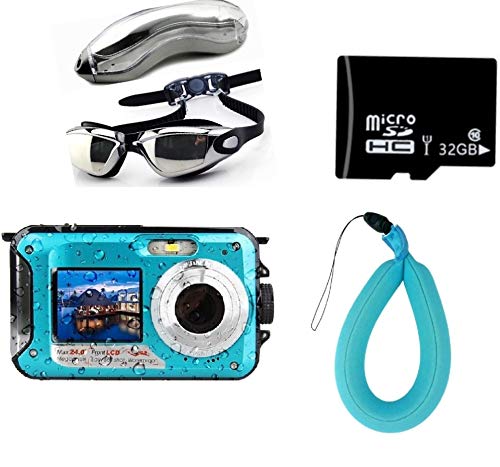 Waterproof Digital Camera for Snorkeling 24 MP Video Recorder Full HD 1080P Bundle with Swimming Goggles, 32GB SD Card, Floating Wrist Strap. DV Recording Point and Digital Shoot, Dual Screen.