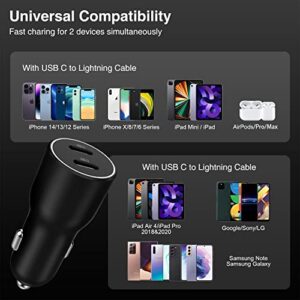 USB C Car Charger, 40W(20W+20W) Fast Car Charger Adapter PD Dual Port Type C Car Power Adapter Compatible with iPhone 13/12/11/X/8/iPad, Galaxy S22/S21/S20/Note 20