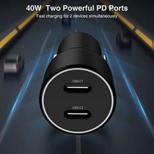 USB C Car Charger, 40W(20W+20W) Fast Car Charger Adapter PD Dual Port Type C Car Power Adapter Compatible with iPhone 13/12/11/X/8/iPad, Galaxy S22/S21/S20/Note 20