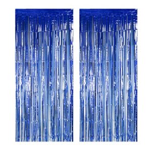 muhome blue foil fringe curtain, 2pcs 3.28ft x 8.2ft metallic tinsel door curtains photo booth backdrop for wedding birthday bridal shower baby shower bachelorette disco dancing party decorations