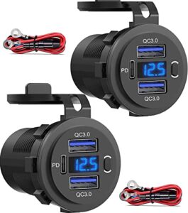 12v usb outlet, dual usb quick charge 3.0 port & pd usb c car charger socket with voltmeter and power switch for car boat marine truck 2 pack