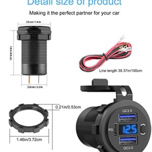 12V USB Outlet, Dual USB Quick Charge 3.0 Port & PD USB C Car Charger Socket with Voltmeter and Power Switch for Car Boat Marine Truck 2 Pack