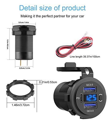 12V USB Outlet, Dual USB Quick Charge 3.0 Port & PD USB C Car Charger Socket with Voltmeter and Power Switch for Car Boat Marine Truck 2 Pack