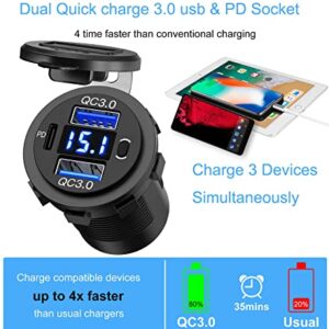 12V USB Outlet, Dual USB Quick Charge 3.0 Port & PD USB C Car Charger Socket with Voltmeter and Power Switch for Car Boat Marine Truck 2 Pack