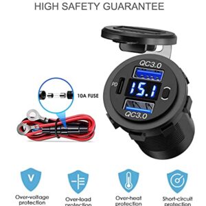 12V USB Outlet, Dual USB Quick Charge 3.0 Port & PD USB C Car Charger Socket with Voltmeter and Power Switch for Car Boat Marine Truck 2 Pack