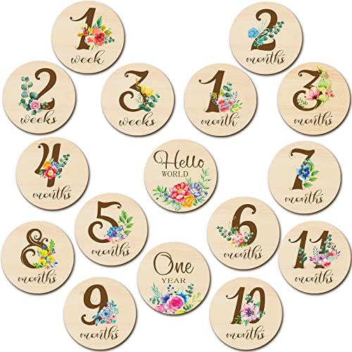 16 Pieces Wooden Baby Monthly Milestone Cards Floral Baby Monthly Milestone Marker Discs Double Sided Monthly Milestone Wooden Circles Baby Months Signs for Baby Shower Newborn Photo Props