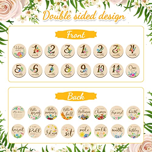 16 Pieces Wooden Baby Monthly Milestone Cards Floral Baby Monthly Milestone Marker Discs Double Sided Monthly Milestone Wooden Circles Baby Months Signs for Baby Shower Newborn Photo Props