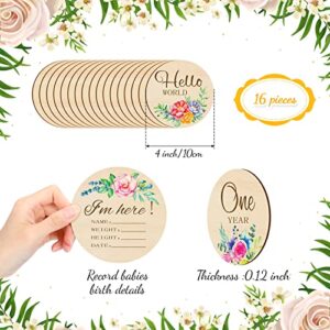 16 Pieces Wooden Baby Monthly Milestone Cards Floral Baby Monthly Milestone Marker Discs Double Sided Monthly Milestone Wooden Circles Baby Months Signs for Baby Shower Newborn Photo Props