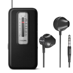philips am fm battery operated portable pocket radio, am fm compact transistor radios player with bonus philips in-ear headphones (black)