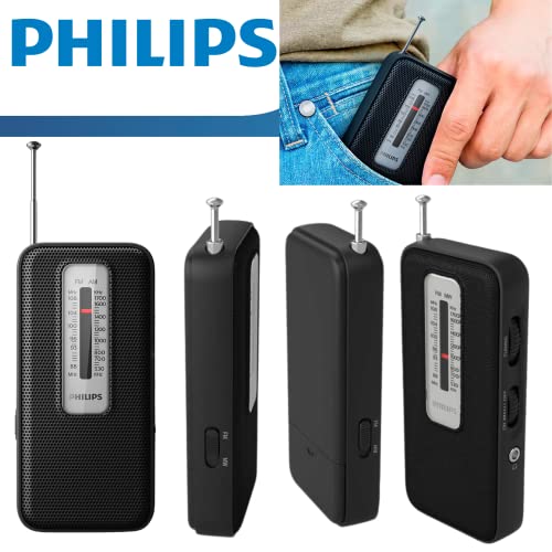 Philips AM FM Battery Operated Portable Pocket Radio, AM FM Compact Transistor Radios Player with Bonus Philips in-Ear Headphones (Black)