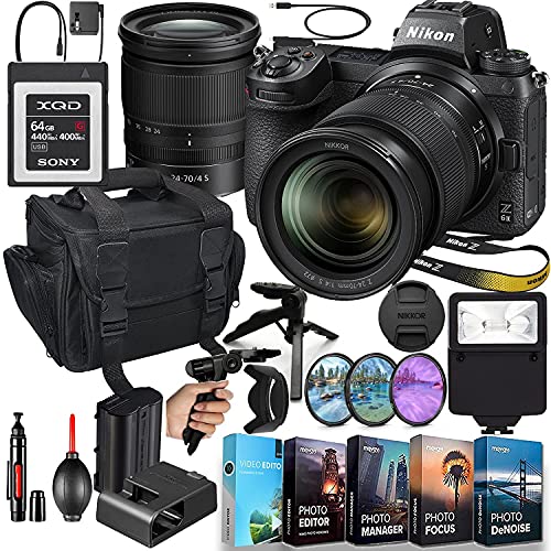 Nikon Z6II Mirrorless Digital Camera with 24-70mm Lens MFR #1663 + 64GB XQD High Speed Memory + Slave Flash, Padded Shoulder Bag, Grip Tripod, HD Filters, Video/Photo Editing Software Package & More