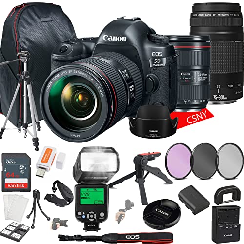 Canon EOS 5D Mark IV DSLR Camera w/EF 24-105mm f/4L is II USM Lens + 75-300mm F/4-5.6 III Lens + 64GB Memory + Back Pack Case + Tripod, TTL Flash, Filters, & More (28pc Bundle)