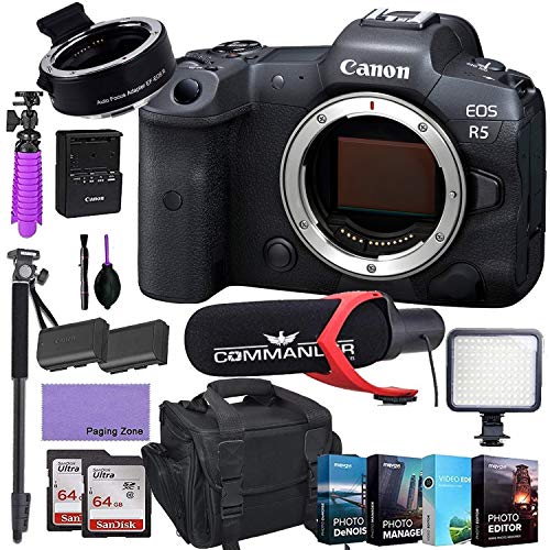 Canon EOS R5 Mirrorless Digital Camera (Body Only) and Mount Adapter EF-EOS R kit Bundled with Deluxe Accessories Like Pro Microphone, High Power LED, 4-Pack Photo Editing Software and More