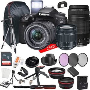 cacanon eos 90d dslr camera w/ef-s 18-5mm f/4-5.6 is stm lens + 75-300mm f/4-5.6 iii lens + 64gb memory + back pack case + tripod, lenses, filters, & more (28pc bundle)
