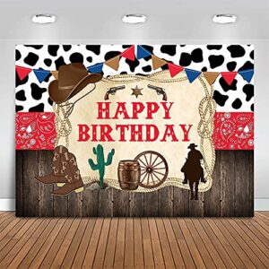 mocsicka western cowboy happy birthday backdrop rustic old west rodeo cowboy background red bandana and rustic wood kids birthday party decoration banner (7x5ft (82×60 inch))