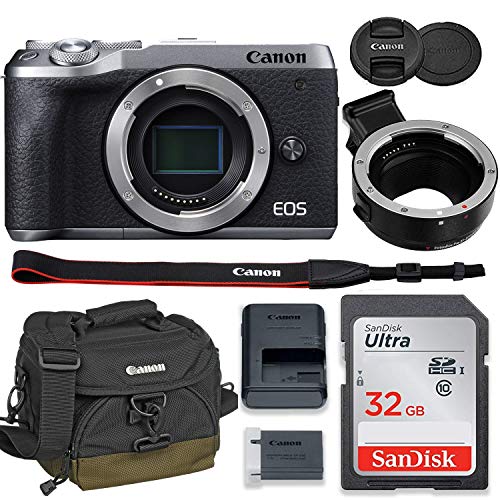 Canon EOS M6 Mark II Mirrorless Digital Camera (Silver) Body Only Kit with Auto (EF/EF-S to EF-M) Mount Adapter + 32GB Sandisk Memory + 100EG Padded Case and More.