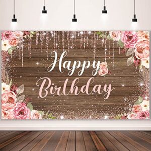 happy birthday backdrop decorations for women background party supplies rose backdrop photography for girls boys floral glitters banner wedding baby shower decor (woodgrain)