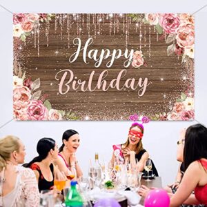 Happy Birthday Backdrop Decorations for Women Background Party Supplies Rose Backdrop Photography for Girls Boys Floral Glitters Banner Wedding Baby Shower Decor (Woodgrain)