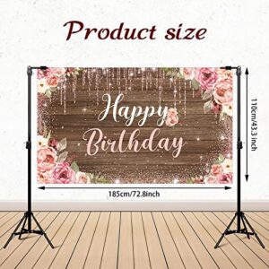 Happy Birthday Backdrop Decorations for Women Background Party Supplies Rose Backdrop Photography for Girls Boys Floral Glitters Banner Wedding Baby Shower Decor (Woodgrain)