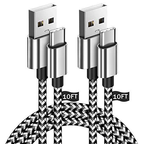 UDATON USB C Cable, USB Type C Cable 10ft, 2 Pack Extra Long Braided USB A to USB C Fast Charging Cable for Samsung Galaxy S22 S21 Plus A11 A20 A5,Note 10 9,LG G7 V35,Moto Z3,PS5, Grey