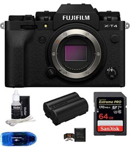fujifilm x-t4 mirrorless digital camera body (black) bundle, includes: sandisk 64gb extreme pro sdxc memory card, spare fujifilm np-w235 battery + more (6 items)