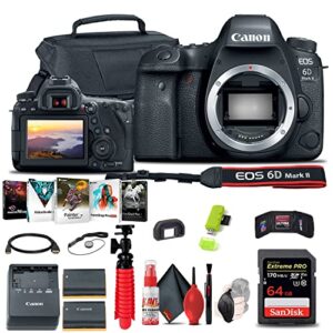 canon eos 6d mark ii dslr camera (body only) (1897c002), 64gb memory card, case, photo software, lpe6 battery, card reader, flex tripod, hdmi cable, hand strap + more (renewed)