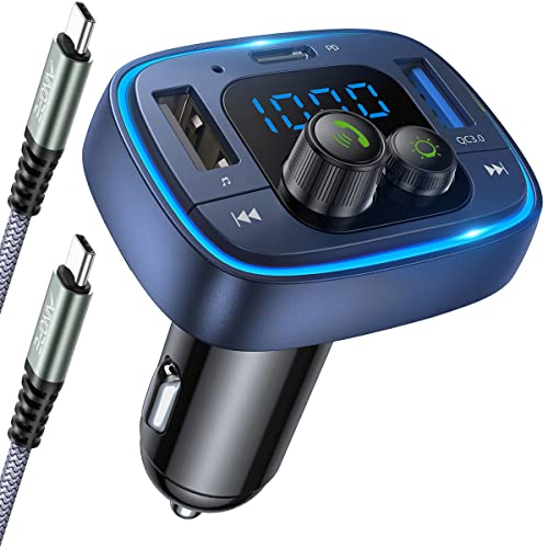 AINOPE Fm Transmitter Bluetooth Car Adapter, 36W/6A PD&QC3.0 Bluetooth Radio Transmitter Car Adapter, 7-Colors LED Backlit V5.0 Bluetooth Adapter Car, Wireless Call - Blue