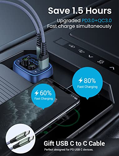 AINOPE Fm Transmitter Bluetooth Car Adapter, 36W/6A PD&QC3.0 Bluetooth Radio Transmitter Car Adapter, 7-Colors LED Backlit V5.0 Bluetooth Adapter Car, Wireless Call - Blue