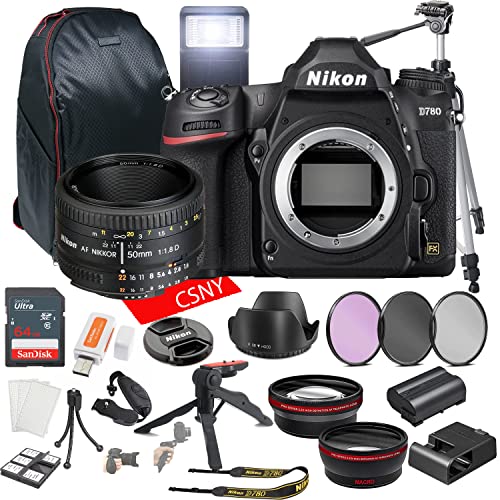 Nikon D780 DSLR Camera with 50mm F/1.8D Prime Lens + 64GB Memory + Back Pack Case + Tripod, Lenses, Filters, & More (28pc Bundle)