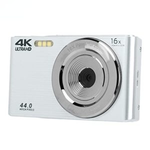 4k 44mp digital camera, hd vlogging camera with 16x digital zoom and 2.8in lcd screen, anti shake rechargeable mini compact camera for kids teens adult beginner (silver color)
