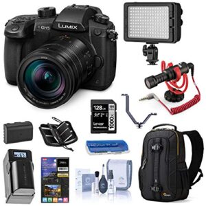 panasonic lumix gh5 4k mirrorless digital camera with leica 12-60mm lens, (dc-gh5lk), bundle with led light, rode videomicro mic, backpack, battery, charger, 128gb sd card + accessories