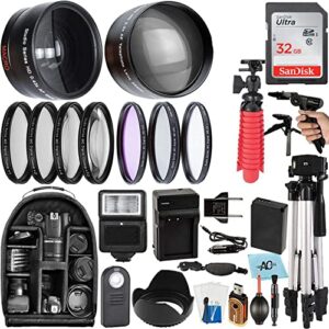 a-cell 58mm accessory bundle for canon eos rebel t7, t6, t5, t3, t100, 4000d, 2000d, 3000d and more with 32gb sandisk memory card, wide angle lens, telephoto lens, tripod, backpack