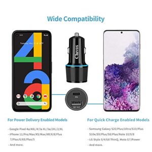 Rapid Type C Car Charger, Compatible for Google Pixel 7/6 Pro/6/5a/4a/4/3a/3/2/XL, Samsung Note 20/S22 Fast USB C PD Car Charger with 3ft Cable, 18W Power Delivery &Quick Charge 3.0 Car Adapter-Black