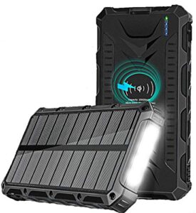 sunamp wireless solar power bank | solar charger with usb type c quick charge | bright led flashlight | 20,000mah | ip54 rainproof shockproof dustproof for travel and outdoors | 4 ports (black) from