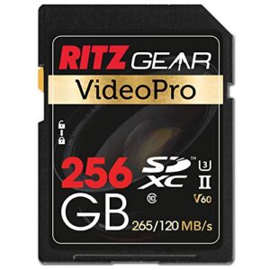 ritzgear videopro uhs-ii sd card 256gb sdxc memory card u3 v60 a1, extreme performance professional sd-card (r 265mb/s 120mb/s w) for advanced dslr, well-suited for video, including 4k,8k, 3d.