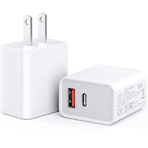 [2 pack] usb-c wall charger, 20w durable dual port qc+pd 3.0 power adapter, double fast plug charging block for iphone 14/14 pro/14 pro max/14 plus/13/12/11, xs/xr/x, watch series 8/7 cube(white)
