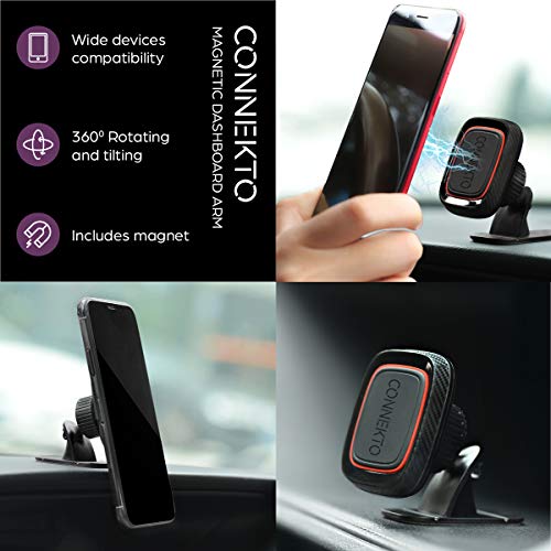 CONNEKTO Magnetic Car Dashboard Arm A014: Universal Black Smartphone Holder for Vehicle Car Dash Rotates Tilts, 4 Magnets, Compatible, 3M Tape Install