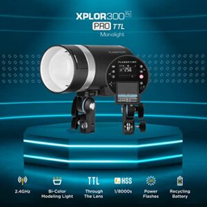 Flashpoint XPLOR 300 Pro TTL R2 Battery-Powered Portable Monolight for Strobe Light Photography, 300Ws, 2.4G HSS 1/8000 2600mAh Li-ion Battery, 0.01-1.5s Recycle Time, 5600±200K, LED Modeling Light