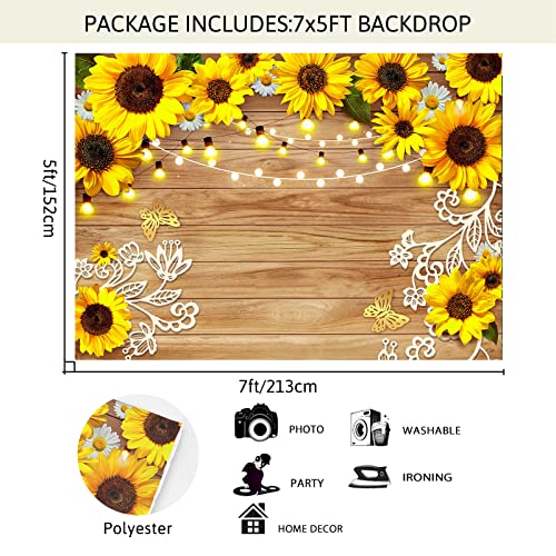 Sunflower Backdrop, Sunflower Birthday Party Decorations Photo Backdrops for Photography 7x5ft, Girls Baby Shower Butterfly Rustic Wood Back Drops Background for Photoshoot Banner Booth Props Picture